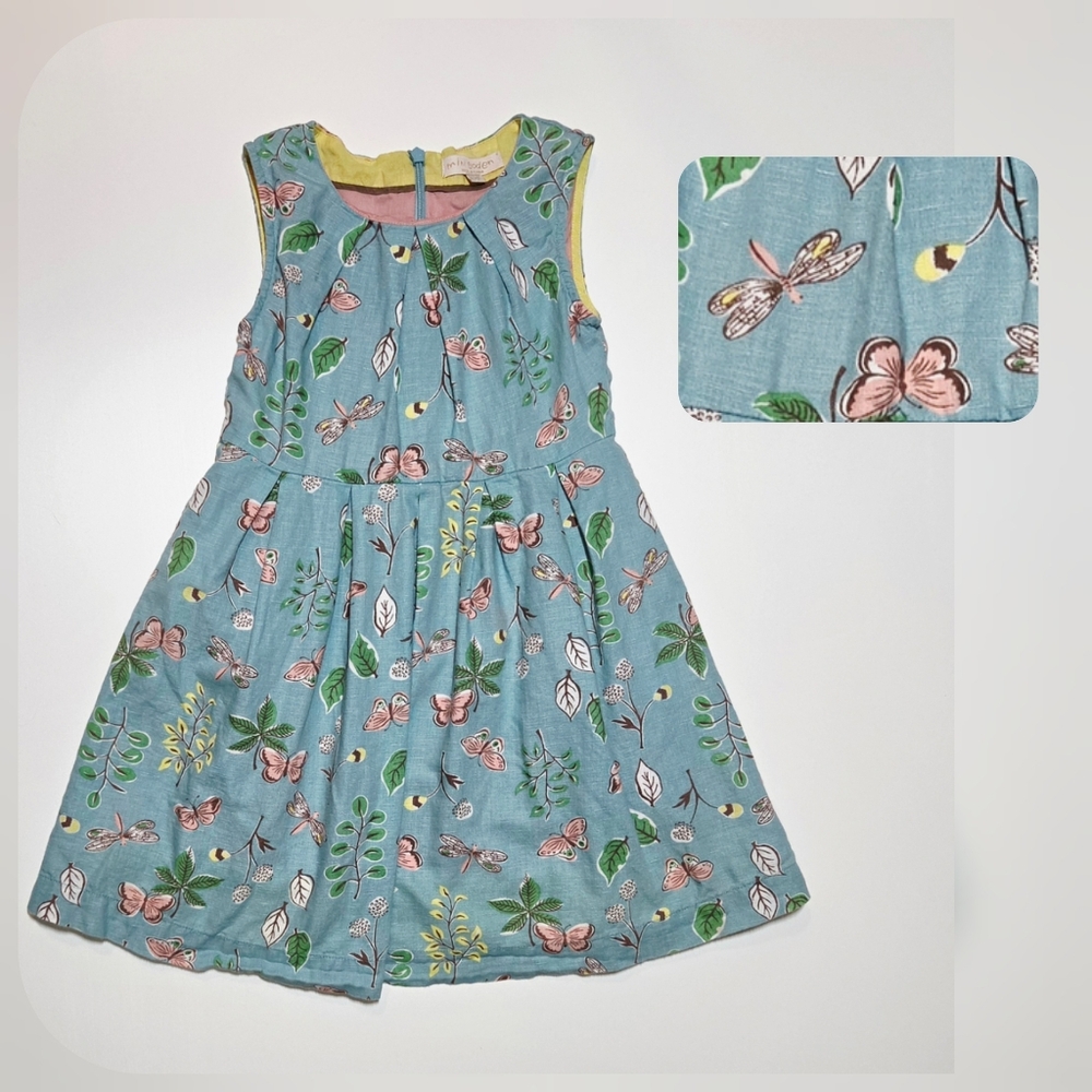 Mini Boden Butterfly Girls Linen Cotton Dress Easter Size 4-5 Year Spring Floral